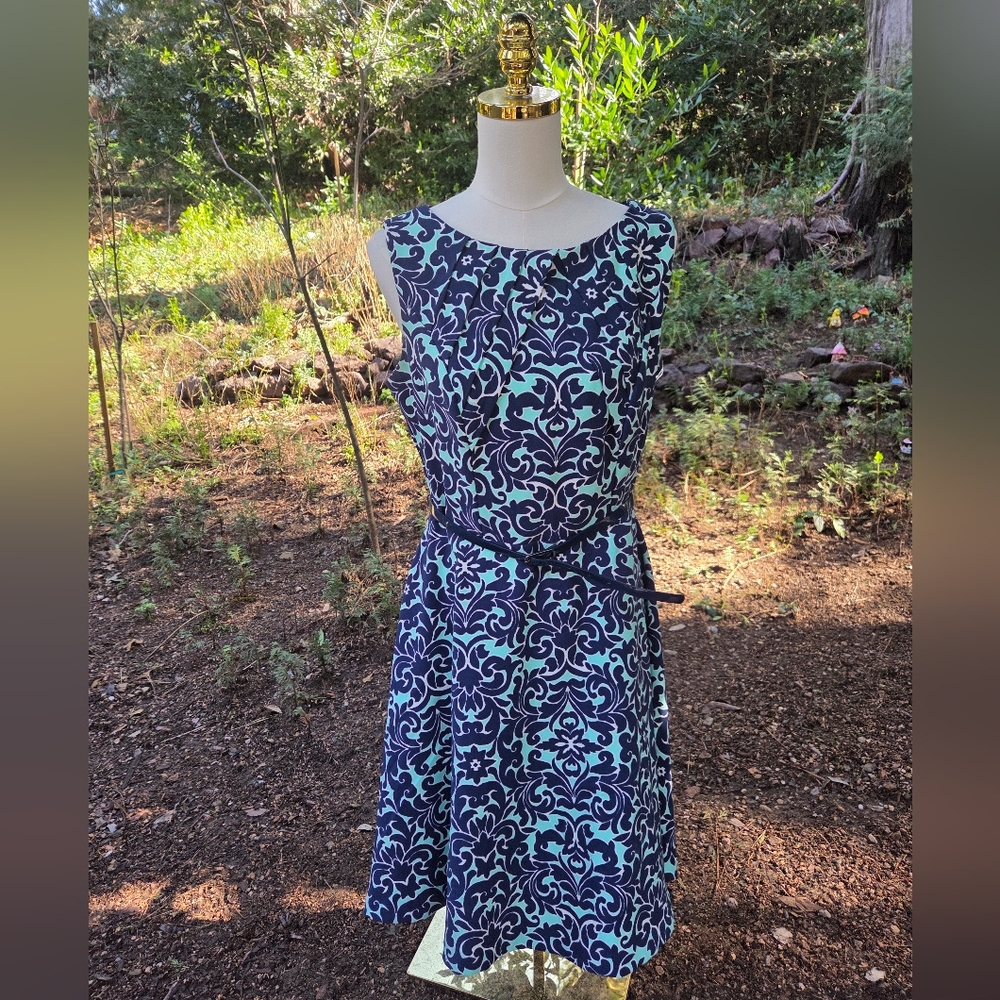 Dressbarn Elegant Blue and White Patterned Dress‎
